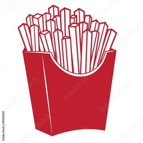 red french fries in a cardboard box filled with crispy sticks isolated on white background