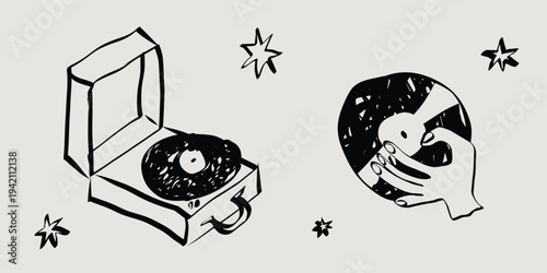 Hand drawn whimsical music and party sketch collection. Vintage doodles in simple crayon style. Grunge musical symbols and lp vinyl. Chalk vector illustration