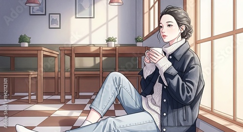 Young woman sitting on floor and enjoying coffee in cozy cafe  