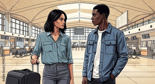 Young couple talking at airport terminal with suitcase and relaxed look  