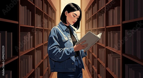 Young woman reading a book while standing in library aisle  