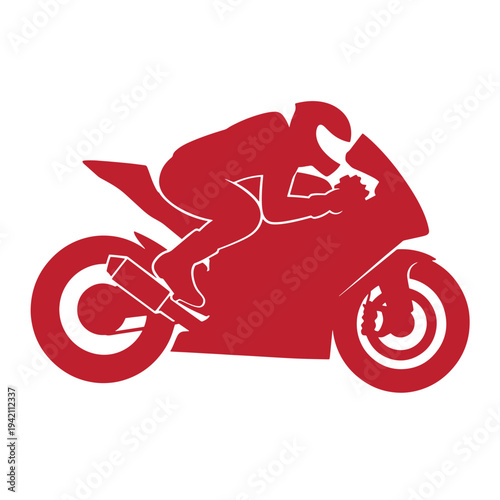Red motorcycle rider silhouette riding fast on track  racing bike and driver in motion on white background