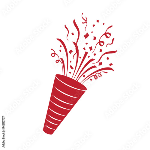 Red party popper with confetti and ribbons coming out isolated on white background