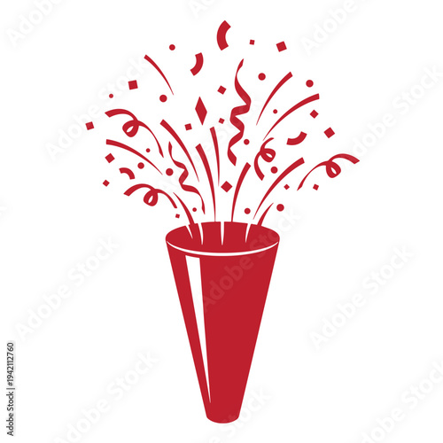 Red party popper with confetti and ribbons exploding out  celebration and joy symbol