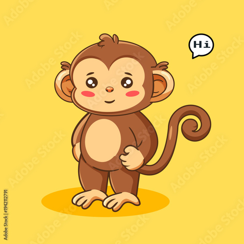 Cute Cartoon Monkey Saying Hi Vector Illustration Kawaii Design