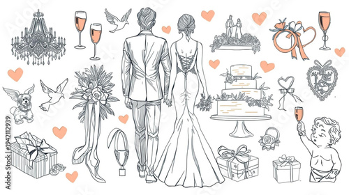 Elegant wedding illustrations with peach accents and icons.