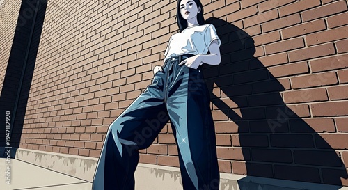 Young woman posing confidently against a brick wall in urban setting  