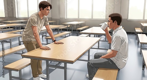 Two young men talking at a cafeteria table in a bright setting  