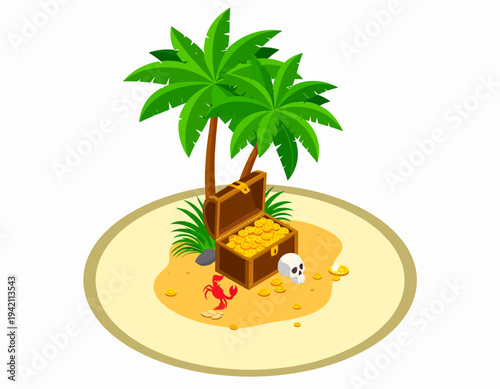 Treasure Chest with Palm Tree on Island.