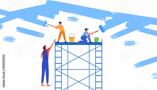 Workers Painting on Scaffolding Structure Together.