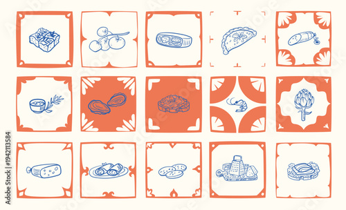 Food Icons Grid Hand Drawn