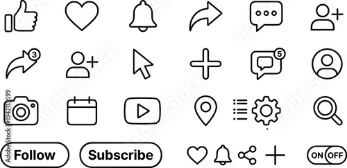 social media interface icons set with like heart bell share message user play camera calendar location and search symbols vector collection isolated on transparent background