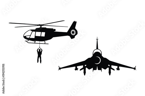 Military aircraft and rescue icon: helicopter and fighter jet