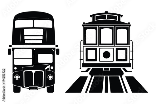 Bus and vintage trolley icons - vector silhouette set