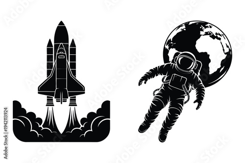 Space shuttle and astronaut icons - vector silhouette set