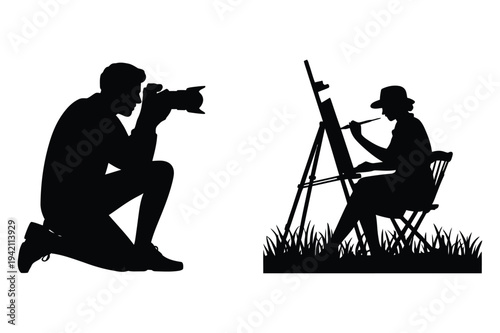 Photographer and artist icons - vector silhouette set