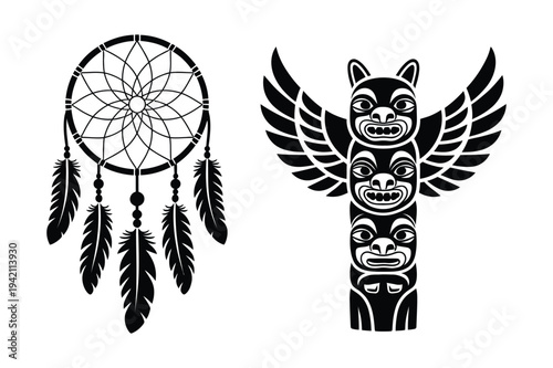 Dream catcher and totem pole icons - vector silhouette set