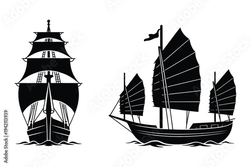 Sailboat and junk ship icons - vector silhouette set