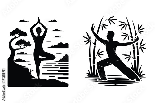 Yoga and tai chi icons - vector silhouette set
