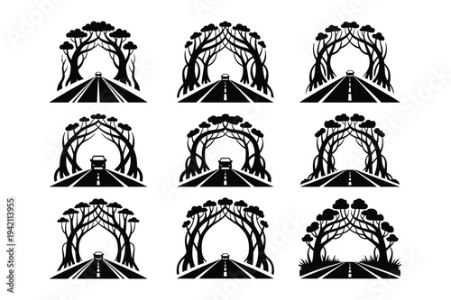 Journey through nature archway with car silhouette