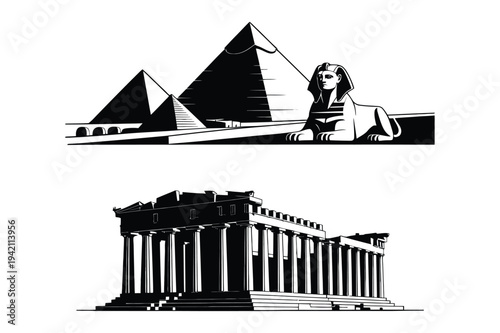 Egyptian pyramids and parthenon icons - vector silhouette set