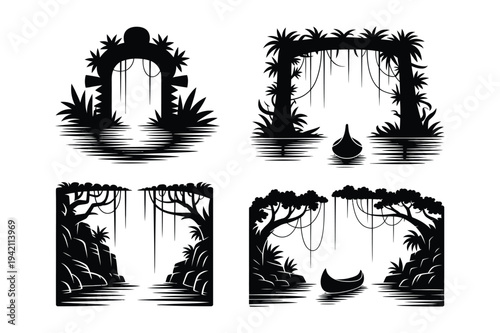 Jungle gateway arch with boat and vines