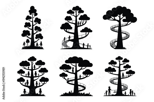 People climbing whimsical treehouses