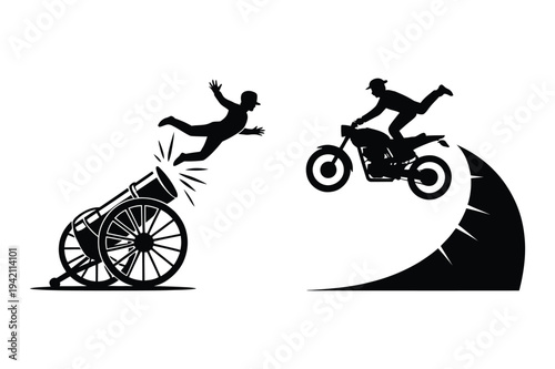 Cannon firing person and motorcycle jump silhouette