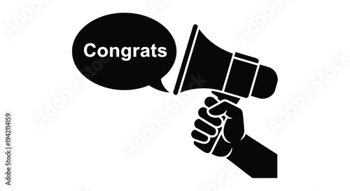 A black silhouette of a hand holding a megaphone with the word congrats