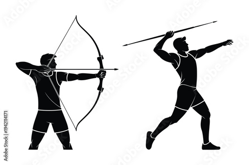 Archer and javelin thrower, olympic sports silhouettes