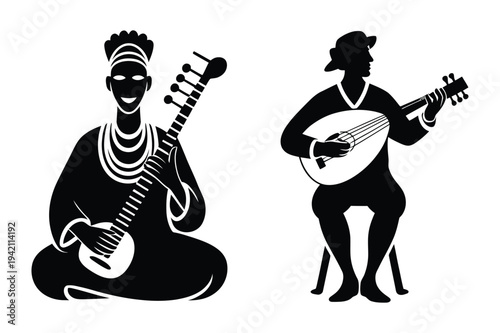 Musicians playing string instruments, global music icons