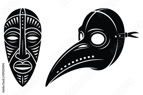 Tribal mask and plague doctor mask, historical symbols
