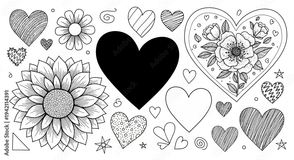 Fototapeta premium Collection of Hand Drawn Heart and Flower Sketches for Romantic and Decorative Themes