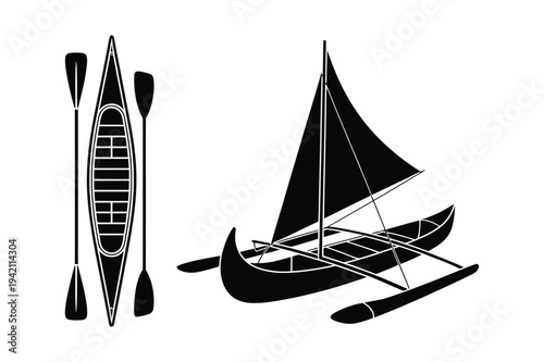 Traditional outrigger canoe and paddles vector art