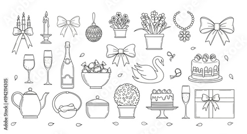 Delicate Line Art of Gardening Tools Flowers and Garden Accessories for Springtime Themes