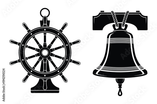 Ship steering wheel and liberty bell vector icons