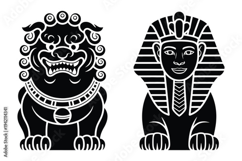 Guardian lion statue and egyptian sphinx vector