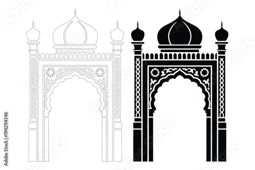 Black and white vector illustration of an ornate archway