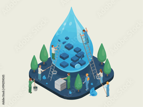Isometric People Purifying Giant Water Drop Vector