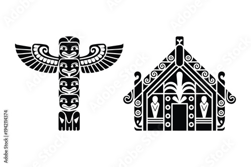 Vector icons of a totem pole and indigenous house