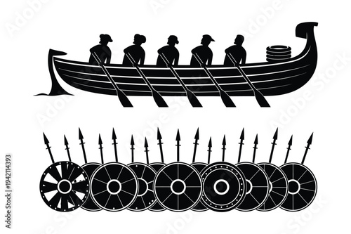 Vector illustrations of viking ship and shields