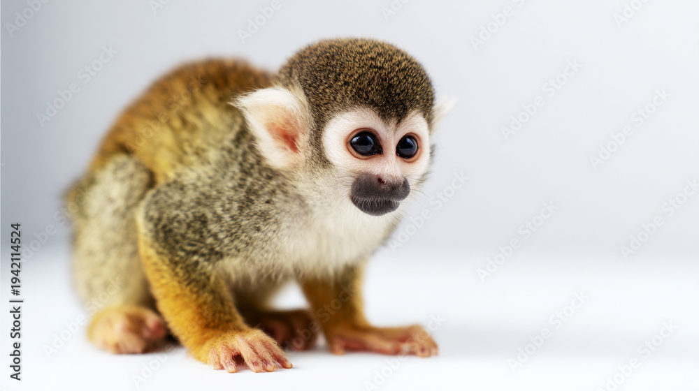Fototapeta premium Adorable Baby Squirrel Monkey Close Up Isolated on White Background 