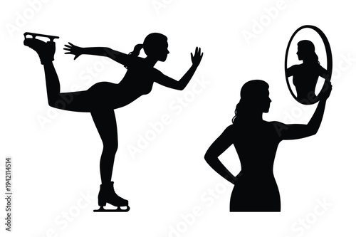 Figure skater silhouette performing, woman looking in mirror reflectio