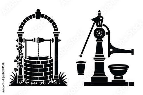 Vintage well with ivy and water pump with bucket silhouettes