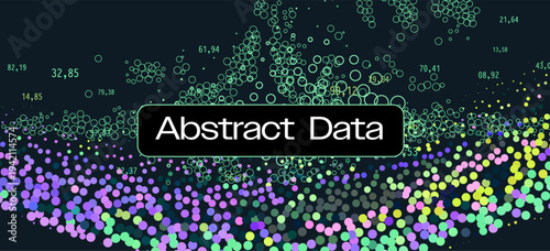 Scattered vibrant circles with numerical coordinates form abstract data field on black. Conceptual vector illustration for scatter plots, data visualization.