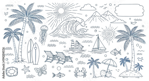 Peaceful Beach Scene with Palm Trees and Sailing Boats in a Calm Sea