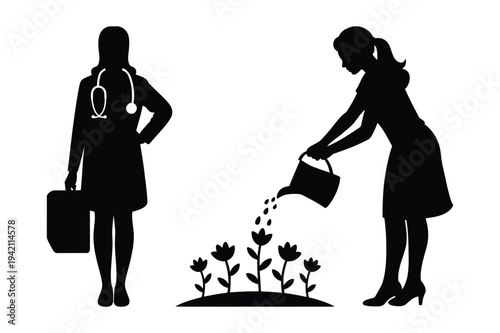Doctor silhouette with briefcase and woman watering flowers