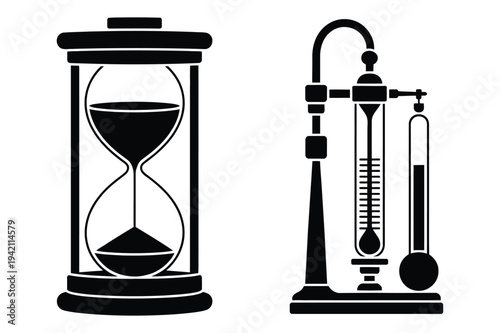 Hourglass and scientific thermometer silhouettes