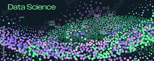 Scattered vibrant circles with numerical coordinates form abstract data field on black. Conceptual vector illustration for scatter plots, data visualization.