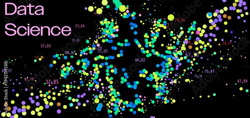 Scattered vibrant circles with numerical coordinates form abstract data field on black. Conceptual vector illustration for scatter plots, data visualization.